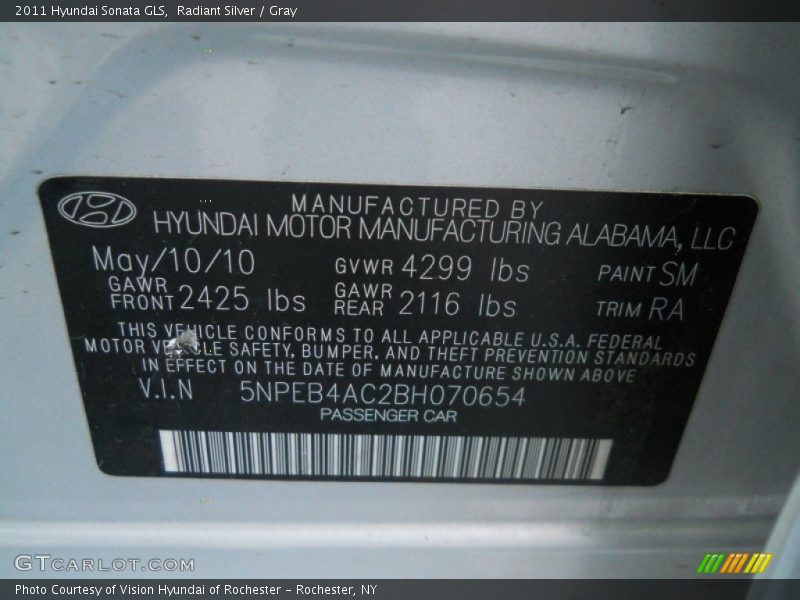 Radiant Silver / Gray 2011 Hyundai Sonata GLS