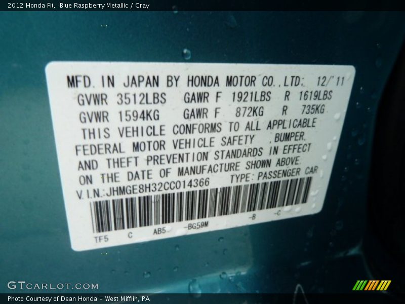 2012 Fit  Blue Raspberry Metallic Color Code BG59M