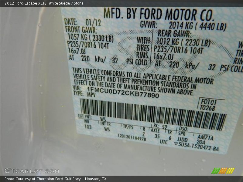 White Suede / Stone 2012 Ford Escape XLT