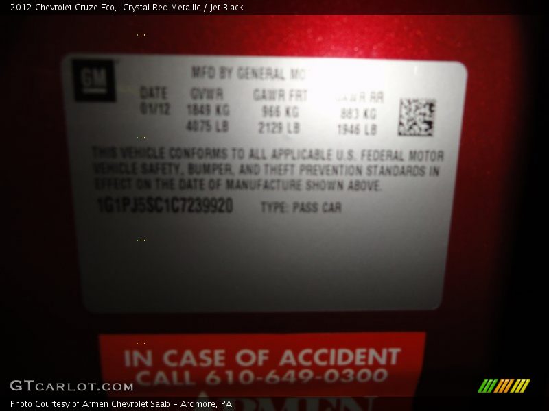 Crystal Red Metallic / Jet Black 2012 Chevrolet Cruze Eco