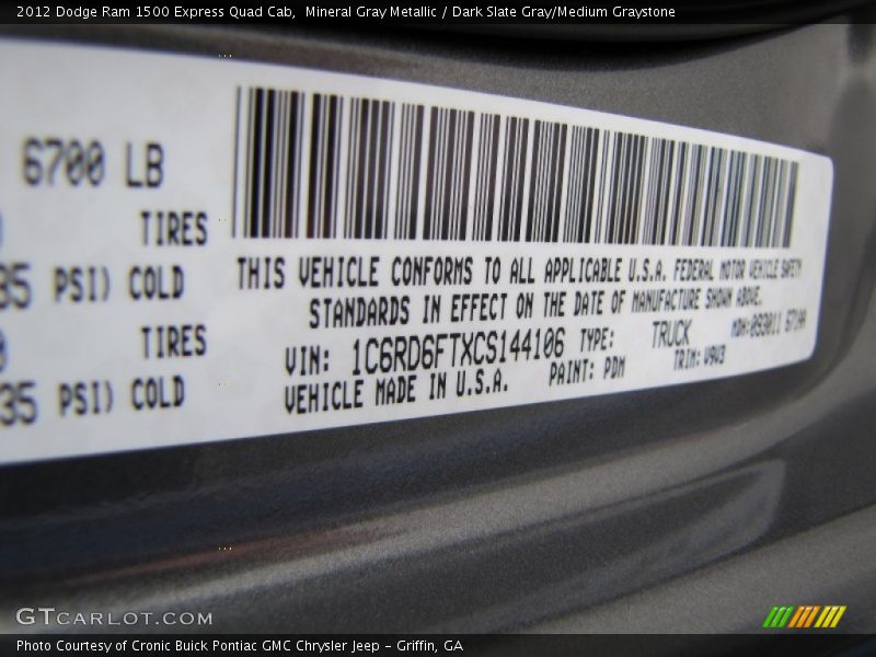 2012 Ram 1500 Express Quad Cab Mineral Gray Metallic Color Code PDM