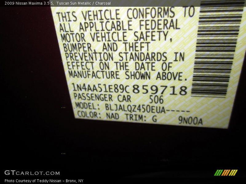 Tuscan Sun Metallic / Charcoal 2009 Nissan Maxima 3.5 S
