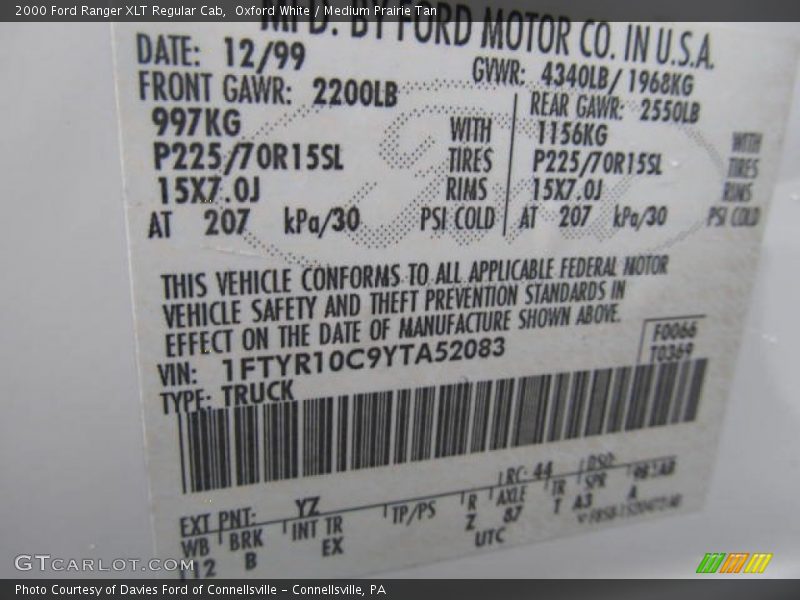 Oxford White / Medium Prairie Tan 2000 Ford Ranger XLT Regular Cab