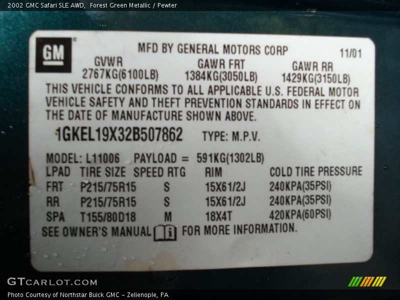 Forest Green Metallic / Pewter 2002 GMC Safari SLE AWD