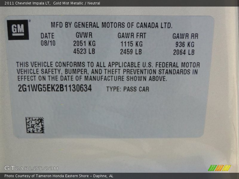 Gold Mist Metallic / Neutral 2011 Chevrolet Impala LT