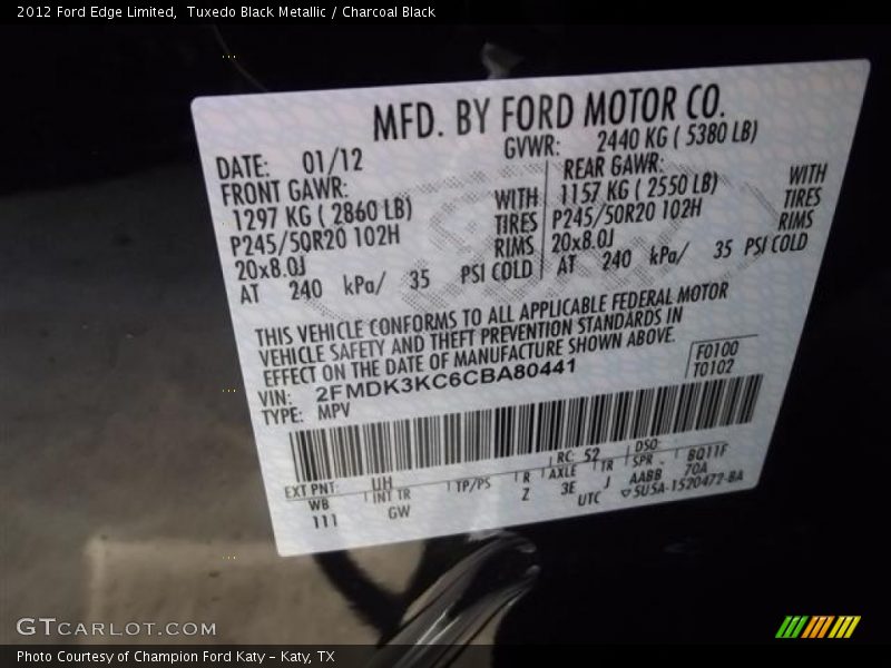 Tuxedo Black Metallic / Charcoal Black 2012 Ford Edge Limited