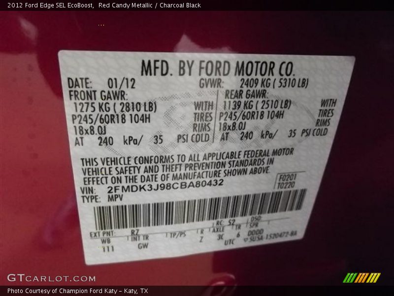 2012 Edge SEL EcoBoost Red Candy Metallic Color Code RZ