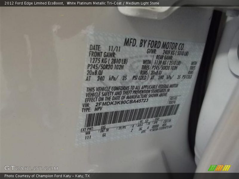 2012 Edge Limited EcoBoost White Platinum Metallic Tri-Coat Color Code UG