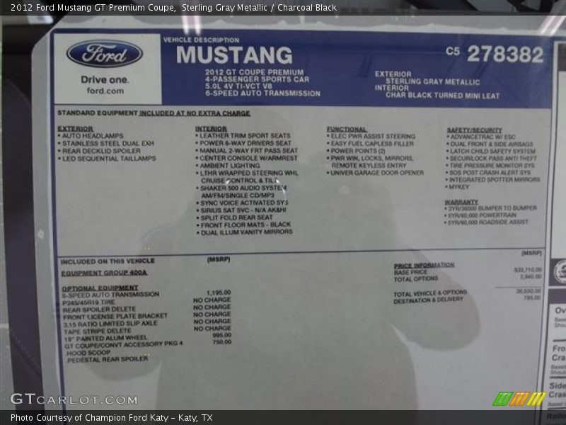  2012 Mustang GT Premium Coupe Window Sticker