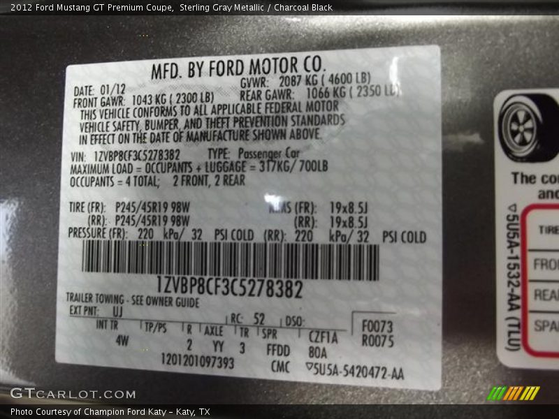 2012 Mustang GT Premium Coupe Sterling Gray Metallic Color Code UJ