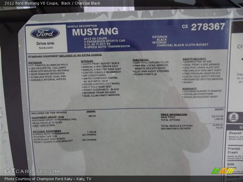 Black / Charcoal Black 2012 Ford Mustang V6 Coupe