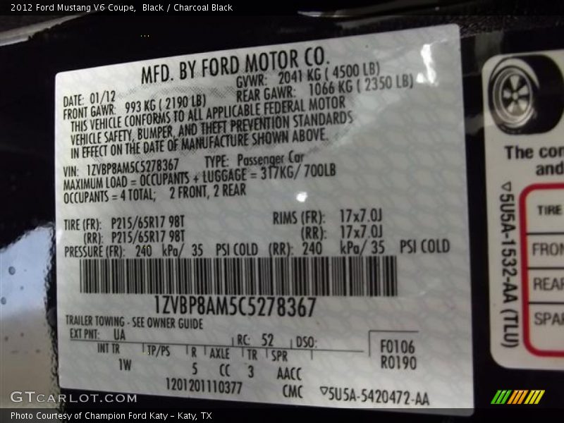 2012 Mustang V6 Coupe Black Color Code UA