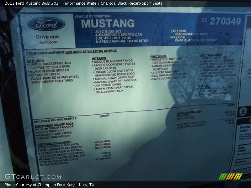 2012 Mustang Boss 302 Window Sticker