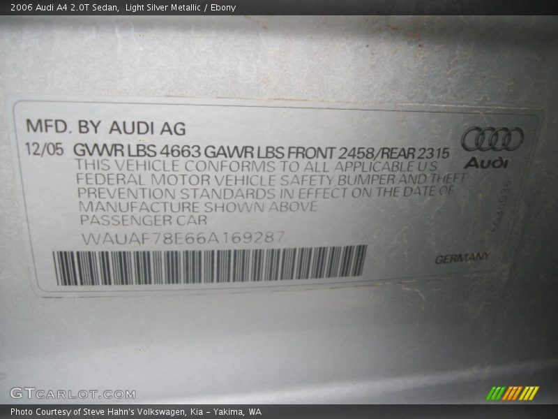 Light Silver Metallic / Ebony 2006 Audi A4 2.0T Sedan