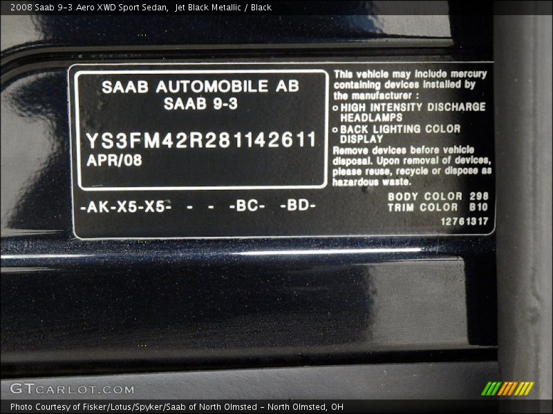 2008 9-3 Aero XWD Sport Sedan Jet Black Metallic Color Code 298