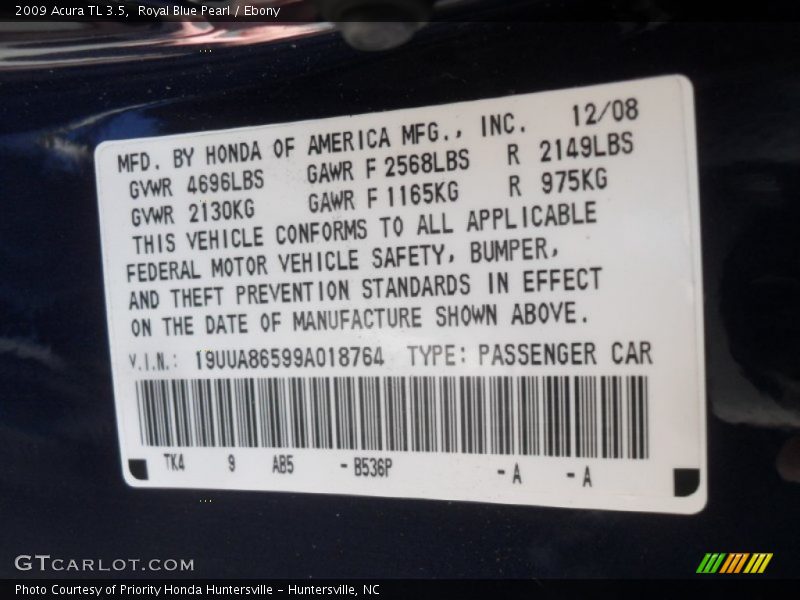 2009 TL 3.5 Royal Blue Pearl Color Code B536P