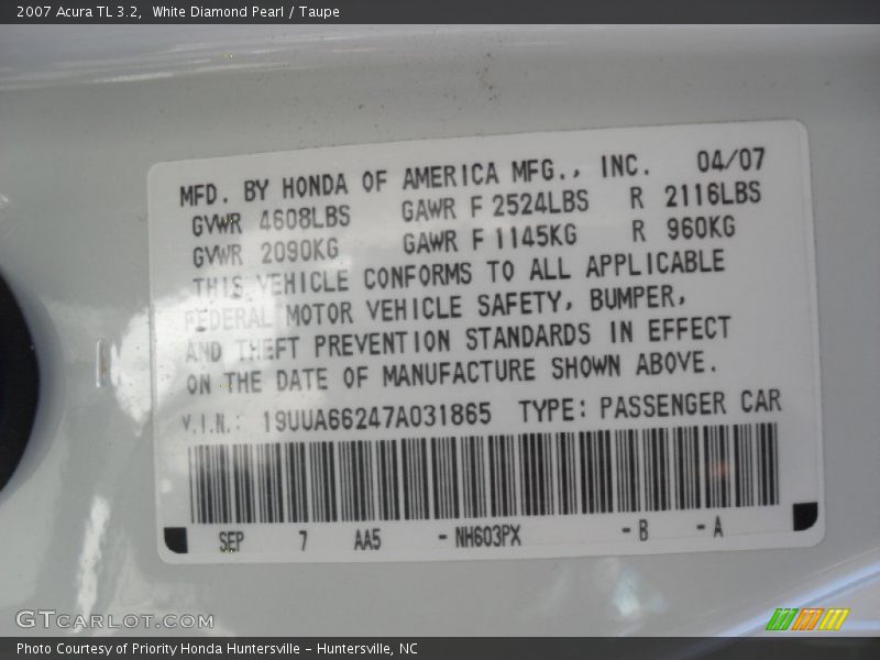 White Diamond Pearl / Taupe 2007 Acura TL 3.2