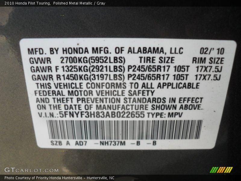 2010 Pilot Touring Polished Metal Metallic Color Code NH737M