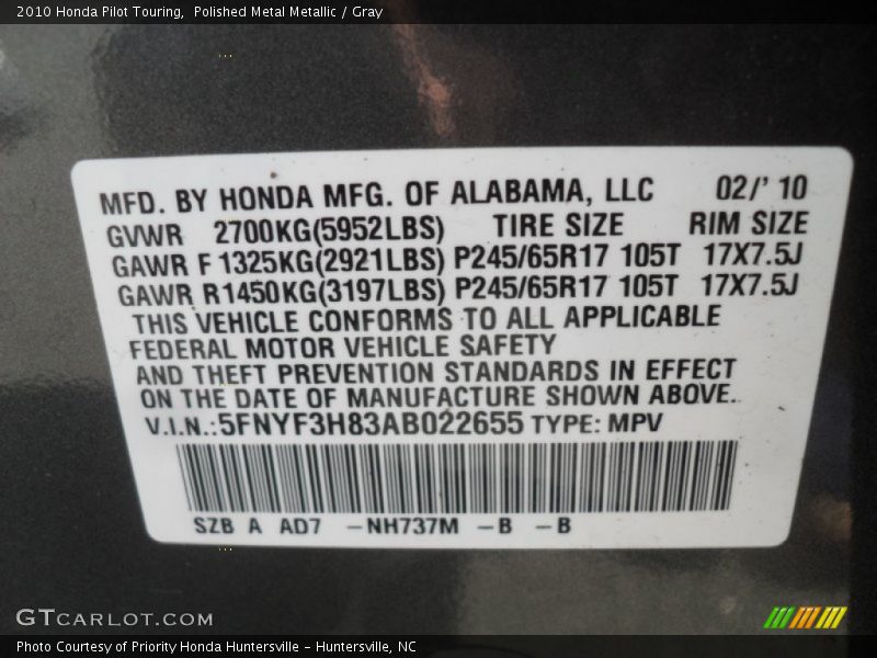 Polished Metal Metallic / Gray 2010 Honda Pilot Touring