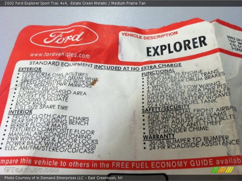  2002 Explorer Sport Trac 4x4 Window Sticker