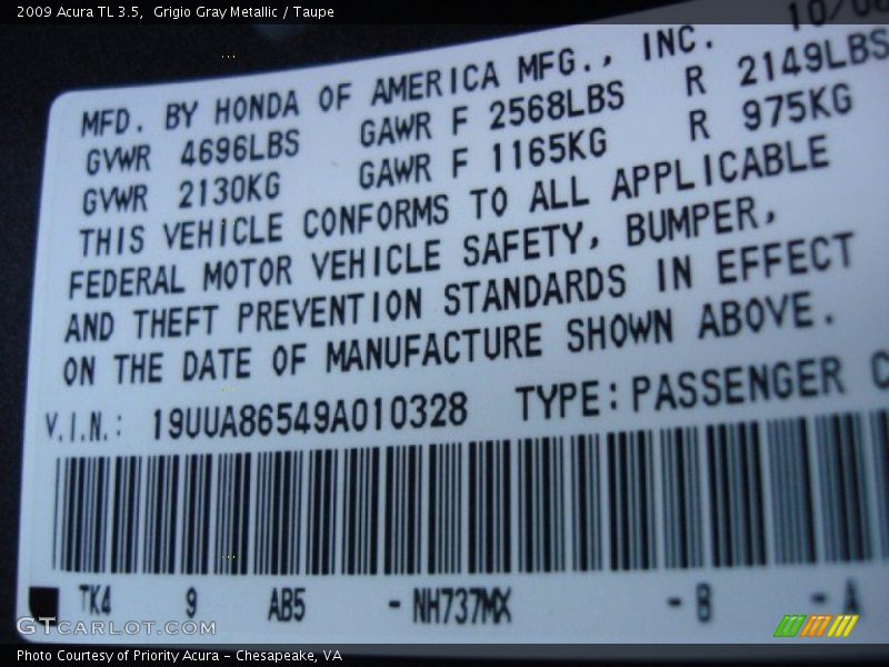 Grigio Gray Metallic / Taupe 2009 Acura TL 3.5