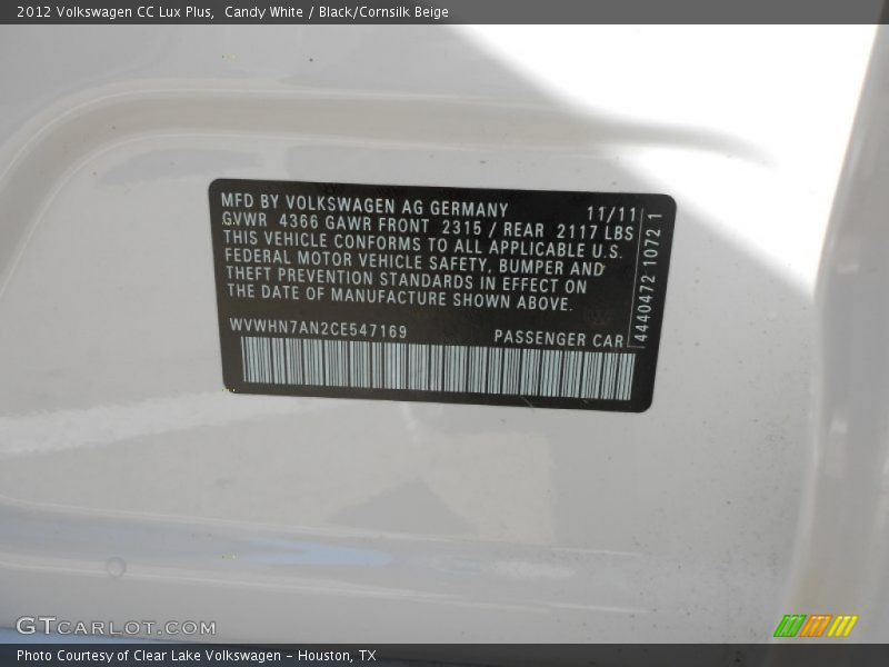 Candy White / Black/Cornsilk Beige 2012 Volkswagen CC Lux Plus