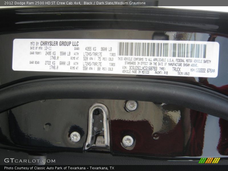 2012 Ram 2500 HD ST Crew Cab 4x4 Black Color Code PX8