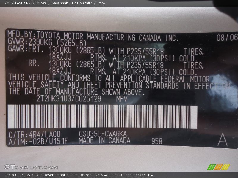 Savannah Beige Metallic / Ivory 2007 Lexus RX 350 AWD