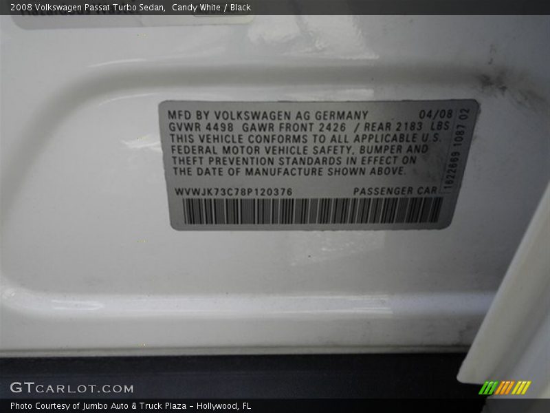 Candy White / Black 2008 Volkswagen Passat Turbo Sedan
