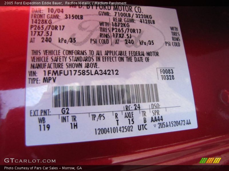 2005 Expedition Eddie Bauer Redfire Metallic Color Code G2