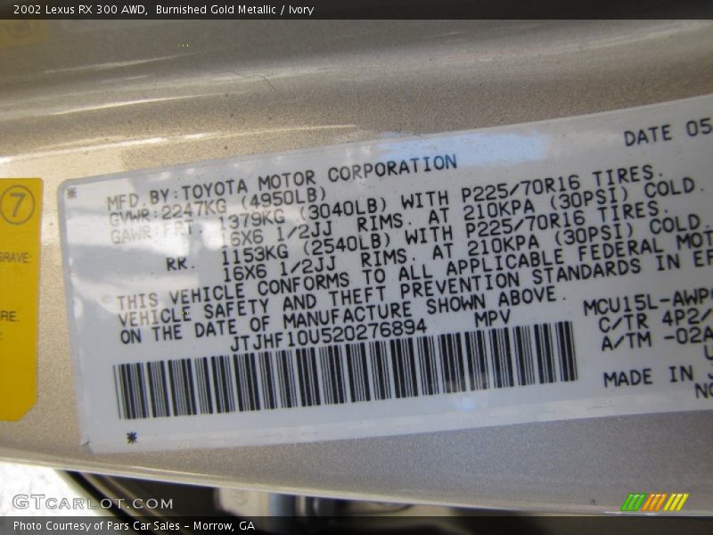 2002 RX 300 AWD Burnished Gold Metallic Color Code 4P2