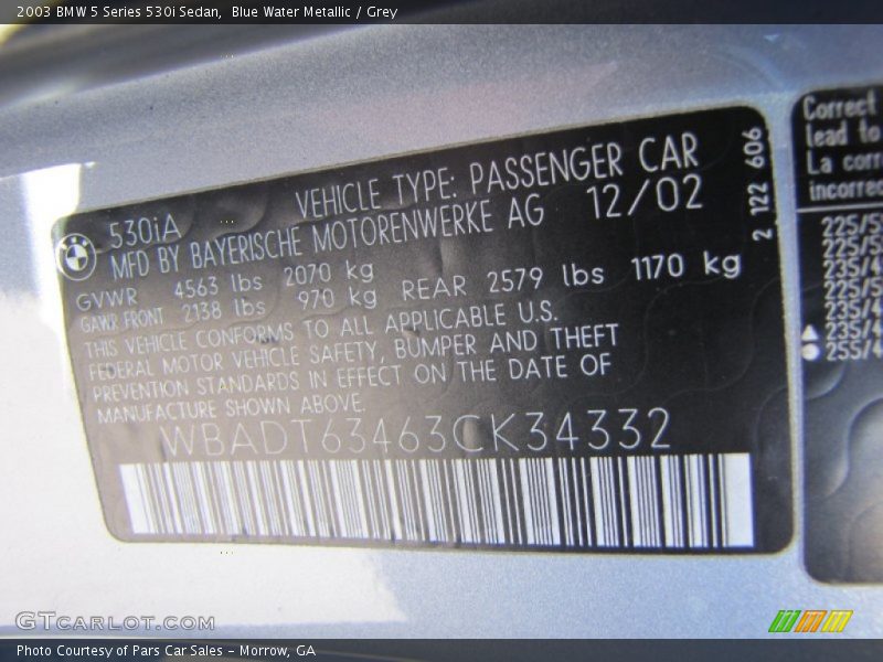 Blue Water Metallic / Grey 2003 BMW 5 Series 530i Sedan