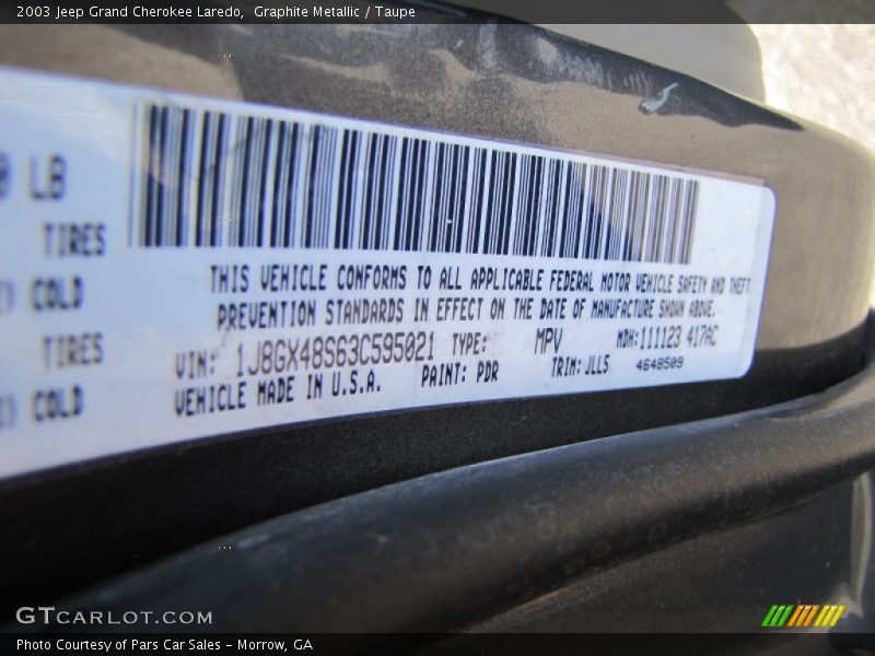 2003 Grand Cherokee Laredo Graphite Metallic Color Code PDR