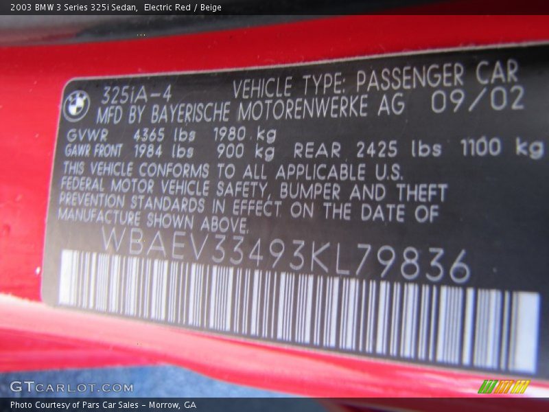 Electric Red / Beige 2003 BMW 3 Series 325i Sedan