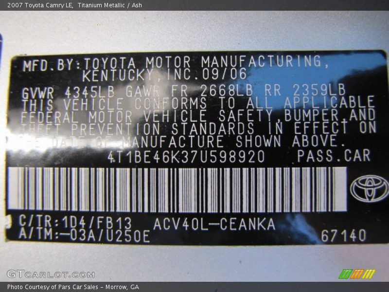 Titanium Metallic / Ash 2007 Toyota Camry LE