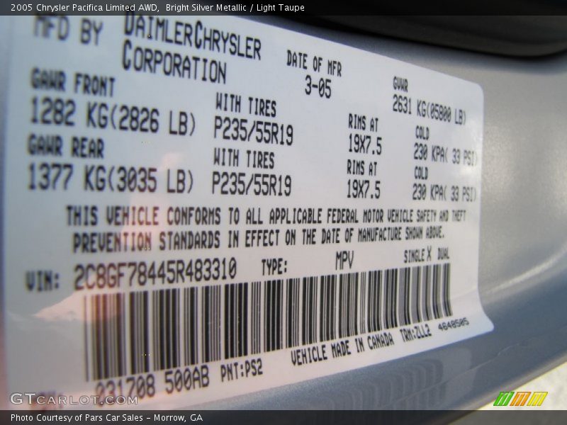 2005 Pacifica Limited AWD Bright Silver Metallic Color Code PS2