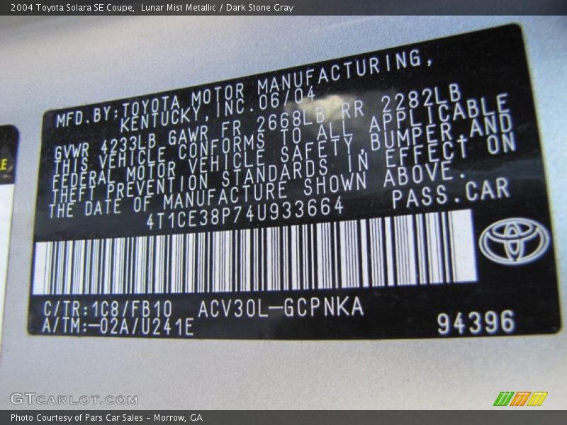 Lunar Mist Metallic / Dark Stone Gray 2004 Toyota Solara SE Coupe