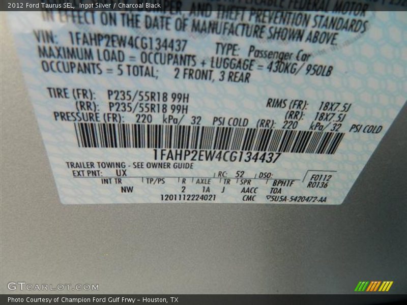 Ingot Silver / Charcoal Black 2012 Ford Taurus SEL