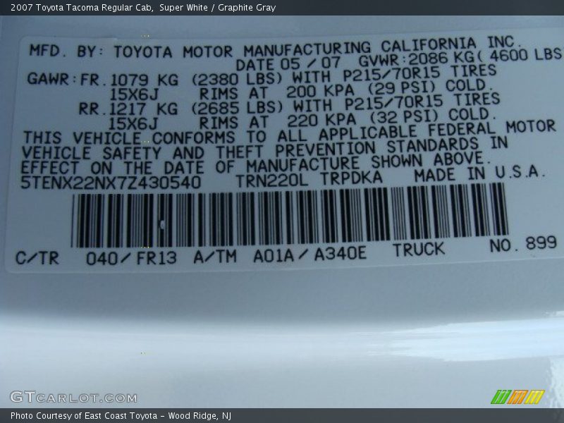 Super White / Graphite Gray 2007 Toyota Tacoma Regular Cab