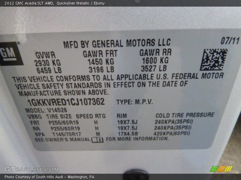 Quicksilver Metallic / Ebony 2012 GMC Acadia SLT AWD