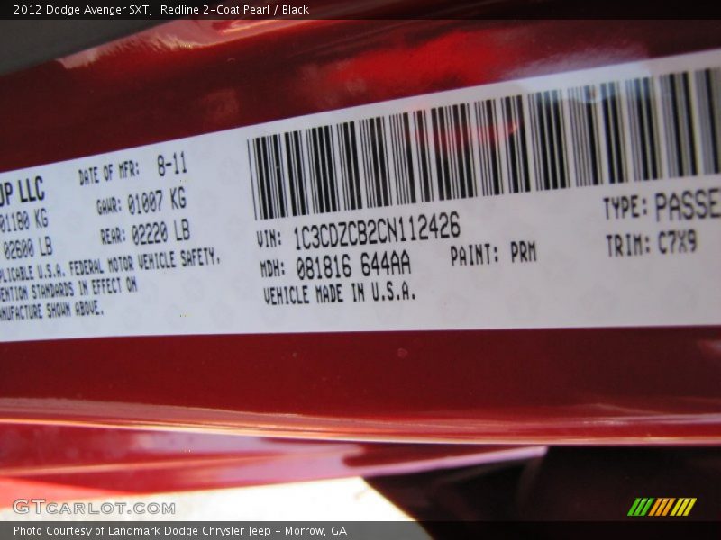 2012 Avenger SXT Redline 2-Coat Pearl Color Code PRM