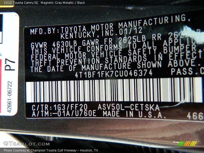 2012 Camry SE Magnetic Gray Metallic Color Code 1G3