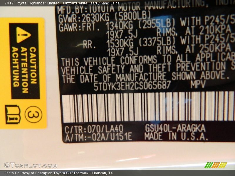 Blizzard White Pearl / Sand Beige 2012 Toyota Highlander Limited