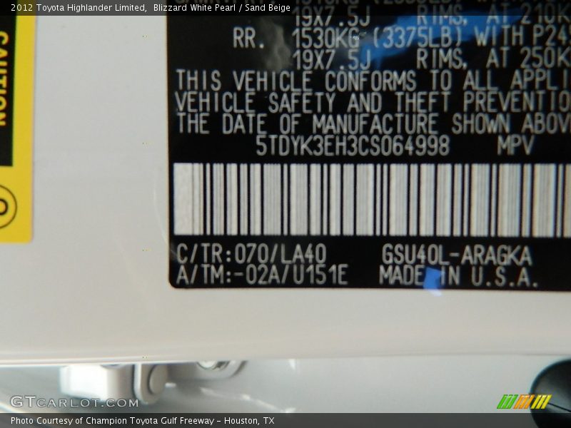 Blizzard White Pearl / Sand Beige 2012 Toyota Highlander Limited