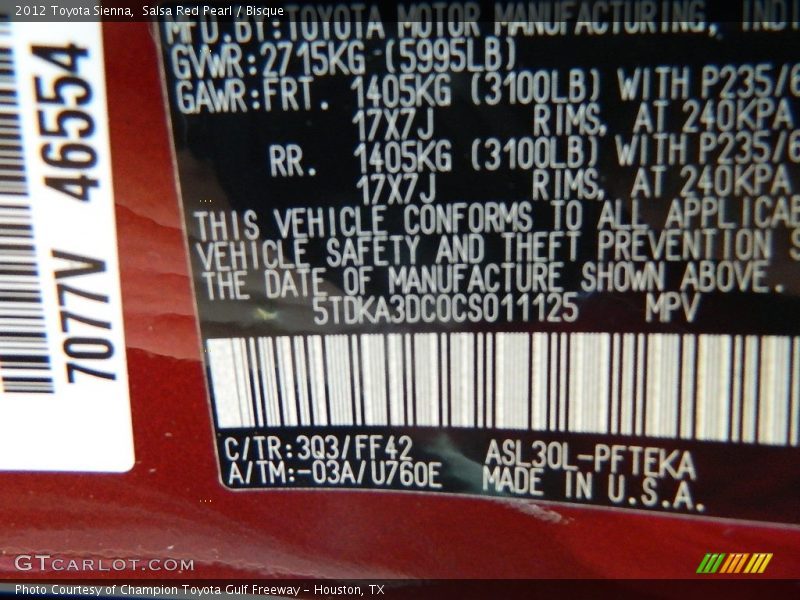 Salsa Red Pearl / Bisque 2012 Toyota Sienna