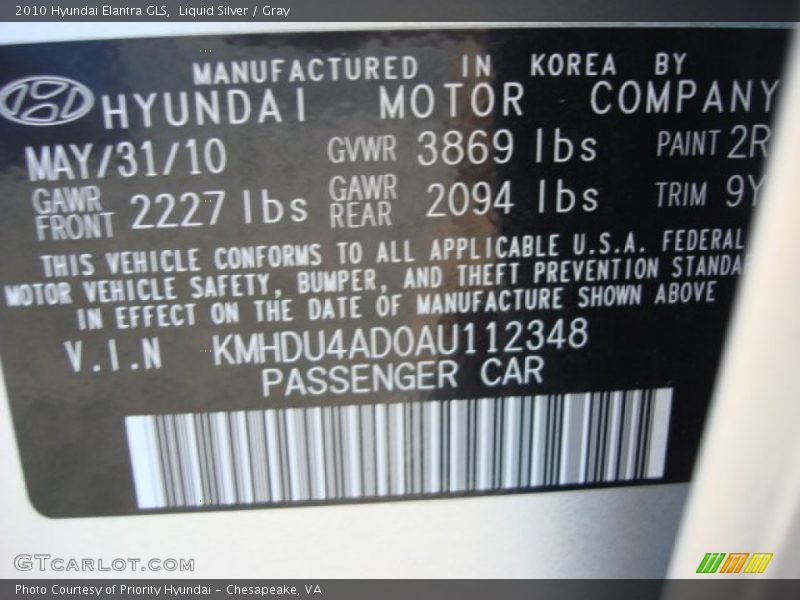 Liquid Silver / Gray 2010 Hyundai Elantra GLS
