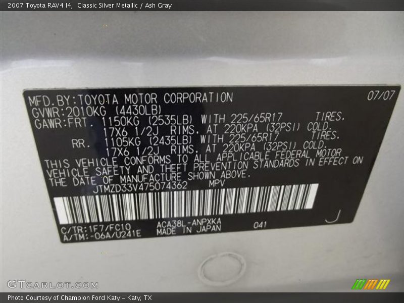 Classic Silver Metallic / Ash Gray 2007 Toyota RAV4 I4