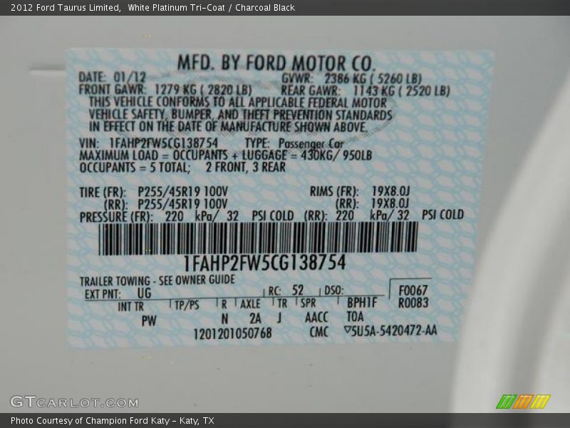 White Platinum Tri-Coat / Charcoal Black 2012 Ford Taurus Limited