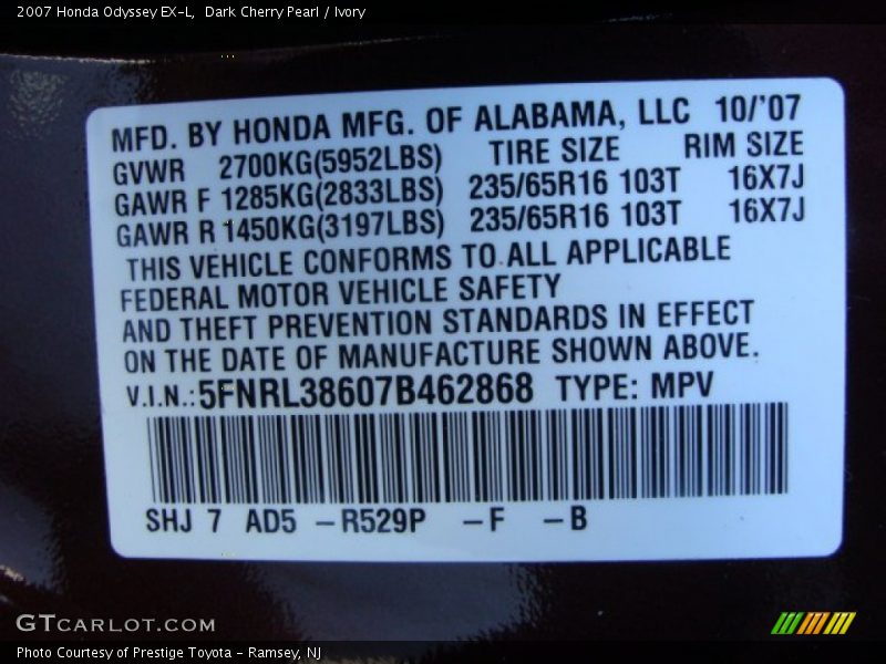 2007 Odyssey EX-L Dark Cherry Pearl Color Code R529P