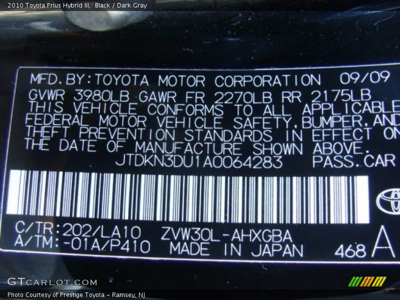 Black / Dark Gray 2010 Toyota Prius Hybrid III